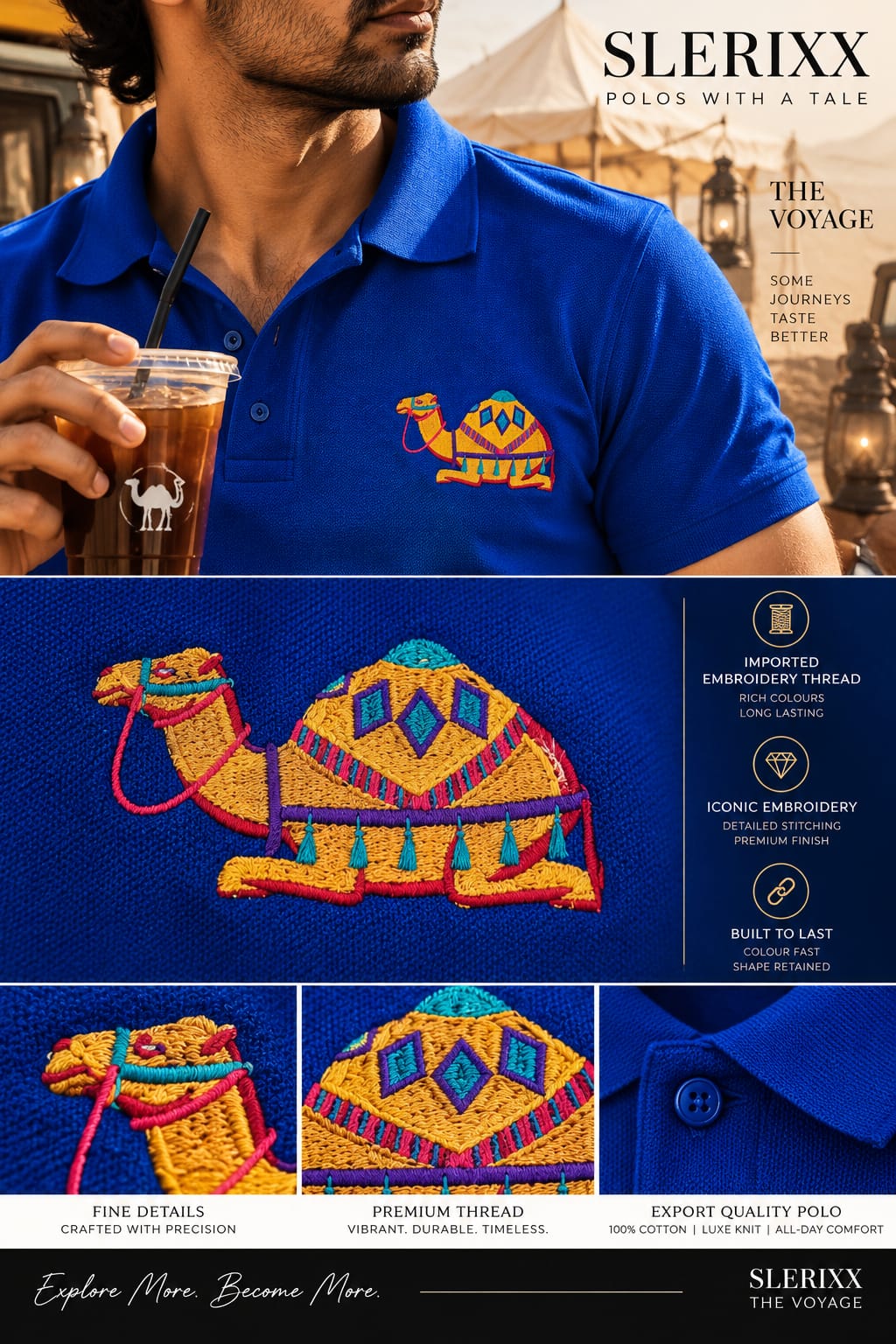SLERIXX Men's Royal Blue Embroidered Polo T-Shirt — The Voyage Edition
